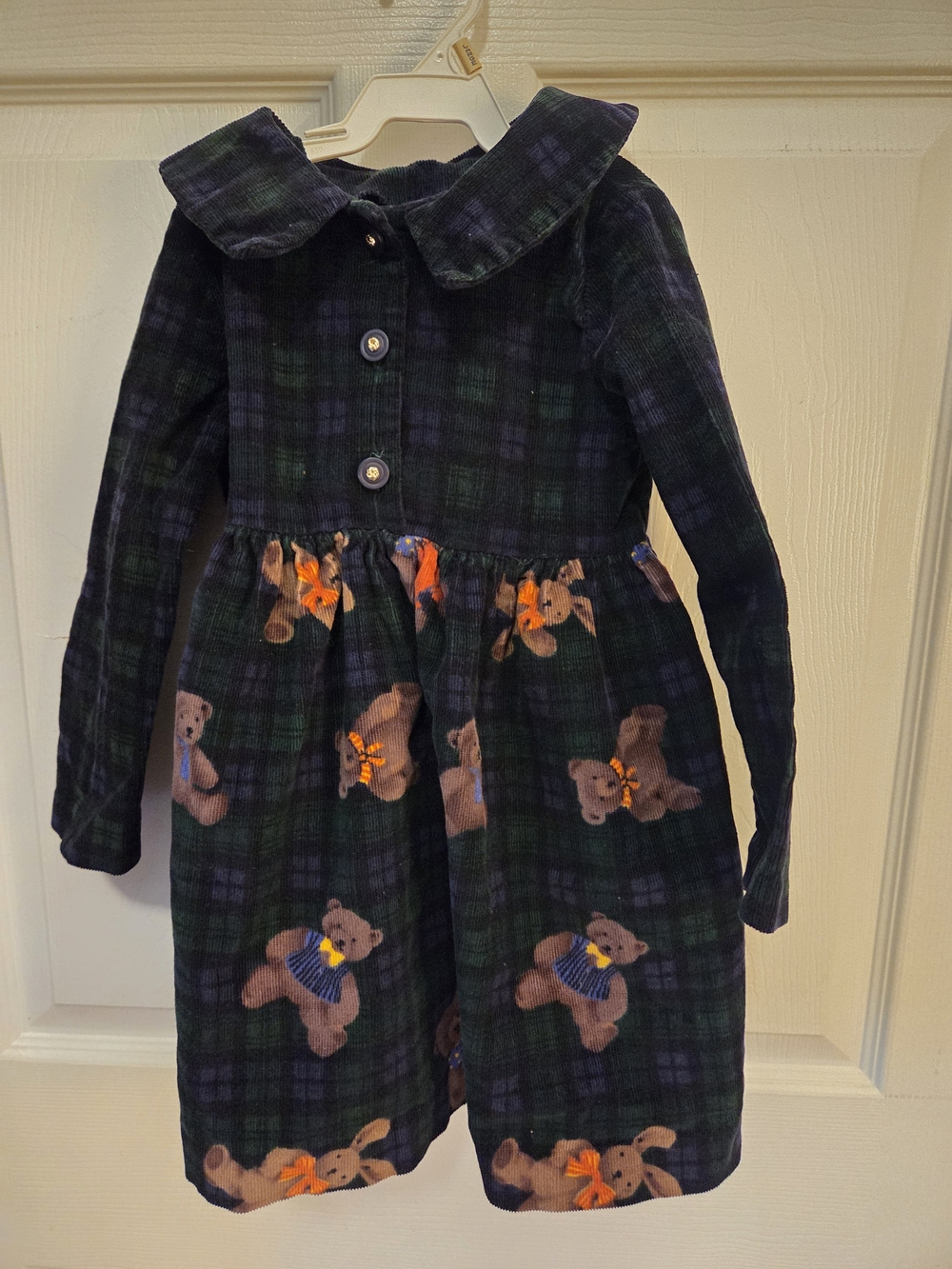 Buster Brown Navy and Green Plaid Corduroy Dress with Teddy Motif